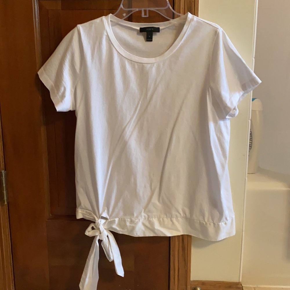 J Crew white crew neck cotton top with adjustable bow-tie hem